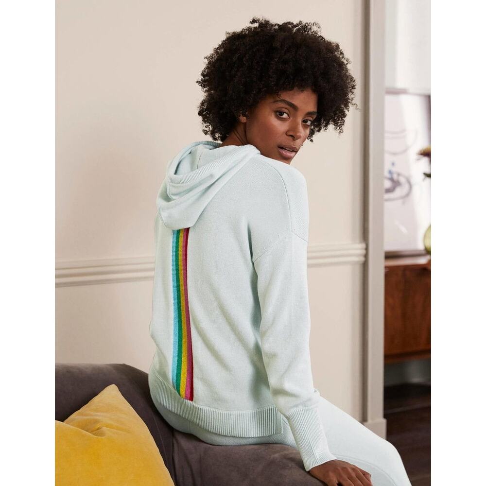 Boden | Cashmere/Wool Blend Light Blue Rainbow Back Stripe Knit Hooded Pullover - Picture 1 of 15